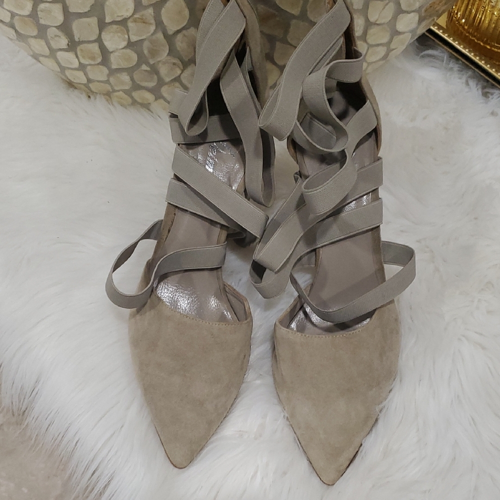 Delman Grey  Strappy Suede Heels